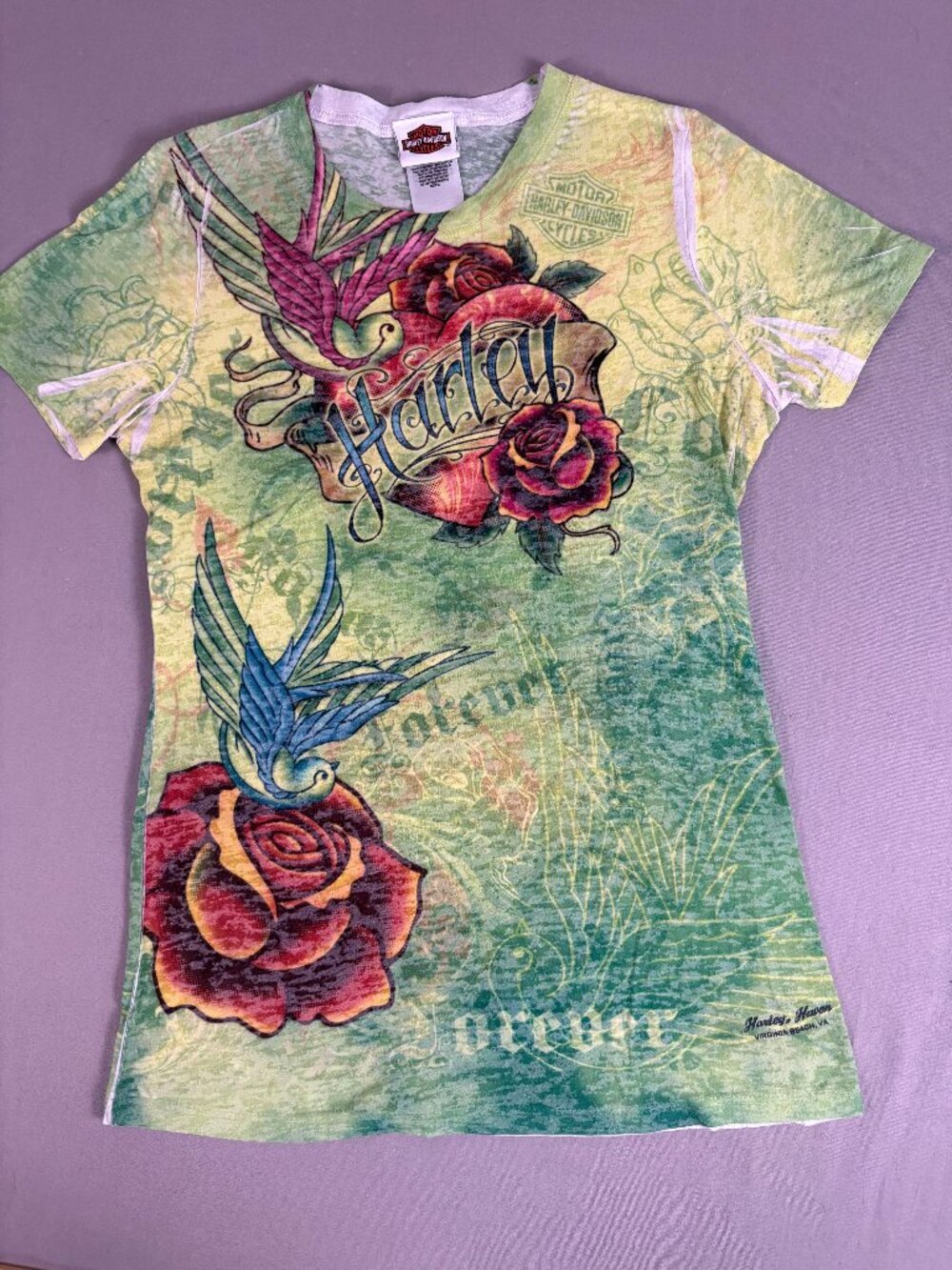 Harley Davidson Harley Haven Virginia Beach Faith Rose Bird Tee XL